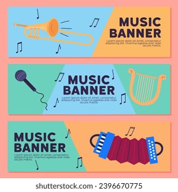 Musical instruments vector illustration. Instruments orchestrate seamless blend classical and world music genres The orchestral concert unfolds, presenting harmonious fusion melodies. Music banner