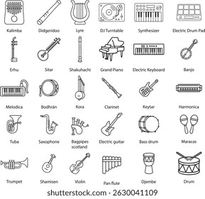 Instrumentos musicais Ilustração vetorial, Estilo de contorno.