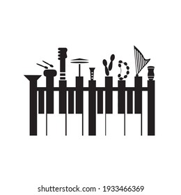 Musikinstrumente, Vektorgrafik. Klaviertastatur, Trompete, Trommel, Gitarre, Becken, Flöte, Maracas, Tambourine, Harfe und Congas.