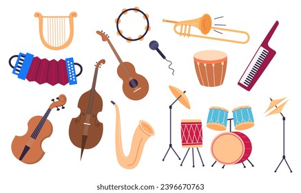 Musical instruments vector illustration. Instruments play in unison, crafting melodic symphony rhythmic beauty Dive into musical instruments concept, where classical and world music converge
