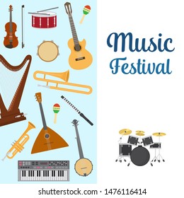 Musical instruments vector illustration. Set of musical instruments trumpet, record, piano and guitar, xylophone, guitar, drum and arpha for music concert or festival poster.