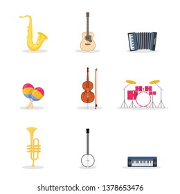 Musical instruments vector illustrations set. Drum kit, percussion. Electric synthesizer, acoustic guitar. Orchestra, band. Saxophone, trumpet isolated design elements. Cartoon violin, banjo