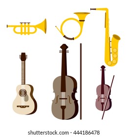 Musical instruments. Vector isolated objects on white background. Golden guitar with violin, saxophone, illustration violoncello, trumpet and horn. Philharmonic classical nstruments.