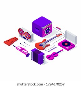 Musical instruments, vector isometric illustration, 3d icon set, white background. Amplifer, reel tape recorder, violin, electric guitar, xylophone, dj mixer, accordion, trumpet, harmonica.