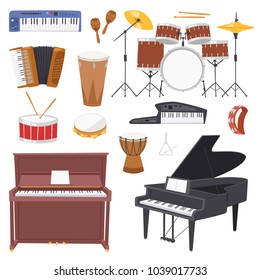 Musical instruments vector music concert with piano or musicians synthesizer and drum kit illustration set of music accordion isolated on white background