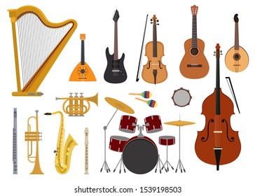 Musical instruments vector music concert with acoustic guitar balalaika and musicians violin harp illustration set wind instruments trumpet saxophone flute isolated on white background.