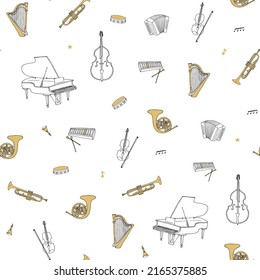 Musical instruments vector seamless pattern