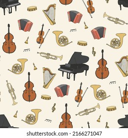 Musical instruments vector seamless pattern