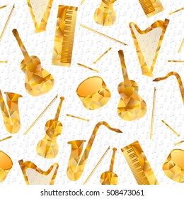 Musical instruments vector seamless pattern. Saxophone violin guitar drum piano harp icon set. Triangular objects collection isolated. Melody polygonal illustration. Volume pictogram