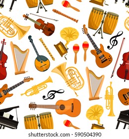 Musical instruments vector seamless pattern of orchestra harp, contrabass and piano, maracas, saxophone and gramophone, cymbals on ethnic jembe drums, jazz trumpet, acoustic guitar and violin