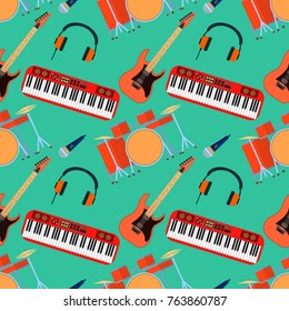 Musical instruments vector seamless pattern. Guitar synthesizer, drum, microphone, headphones for band. Flat design, vector illustration, EPS10