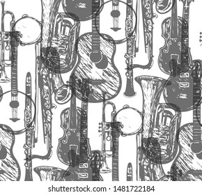Musical instruments vector seamless pattern.Vector illustration.