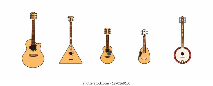 Musical instruments vector set. Acoustic classical guitar, banjo, ukulele and balalaika. Flat vector isolated icon set on white background.