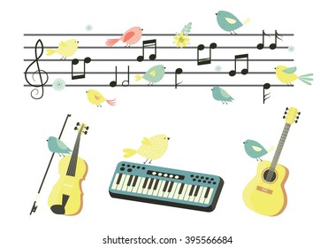 Musical instruments. Vector set. Music. Guitar, violin, accordion, drum.
Music notes on stave.