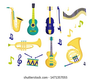 Musical instruments vector set. Saxophone, electric guitar, trumpet, drum, French horn, guitar, violin isolated on white background. Wind and string instruments. Flat style design.