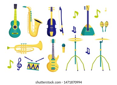 Musical instruments vector set. Saxophone, electric guitar, trumpet, drum, balalaika, guitar, violin isolated on white background. Wind and string instruments. Flat style design.