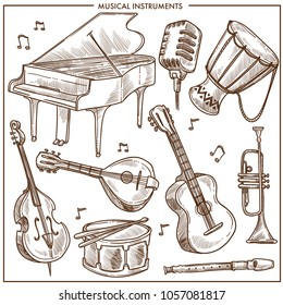 Musical instruments vector sketch icons collection for folk or jazz classical music
