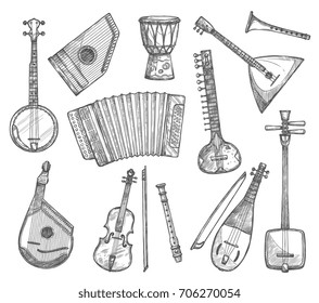 Musical instruments vector sketch icons. Vector isolated banjo guitar, ethnic jembe leather drum, balalaika zither and bouzuki, fiddle violin or flute and traditional folk music biwa koto or accordion