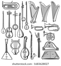 Musical instruments, vector sketch. Isolated harps, tuba, bugle and clarinet, trumpet, vintage lyre, balalaika and gusli, cornet and cymbalo, tar and saz, kamancheh and tanbur, music objects