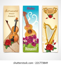 Musical instruments vertical decorative banners set with harp guitar and violin fiddle flowers isolated abstract vector illustration