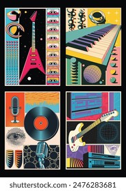 Musical Instruments, Vinyl, Microphones, Stereo Systems, Cosmic Objects, Geometric Shapes. Abstract Musical Posters, Original Color Combinations