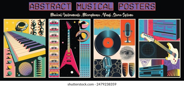 Musical Instruments, Vinyl, Microphones, Stereo Systems, Cosmic Objects, Geometric Shapes. Abstract Musical Posters, Original Color Combinations