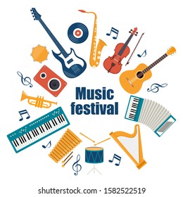 Musical instruments and vinyl record. Music festival invitation. Guitar, synthesizer, violin, cello, drum, cymbals, saxophone accordion tambourine trumpet harp loudspeaker Vector illustration