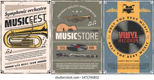 Musical instruments and vinyl records retro posters of music store or live concert design. Vector guitar, drum set and trumpet, tuba, clarinet, musical notes and equalizer sound waves