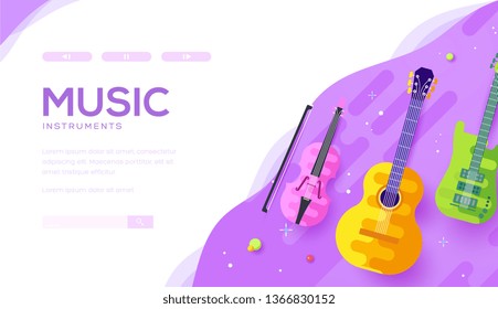 Musical instruments: violin, guitar against violet background. Vector design, template for music school, entertainment, performance, festival announcement, promotion. Place for text, copy space.