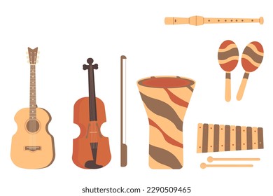 Musical instruments violin, guitar, xylophone, maracas, djembe, drum in African style