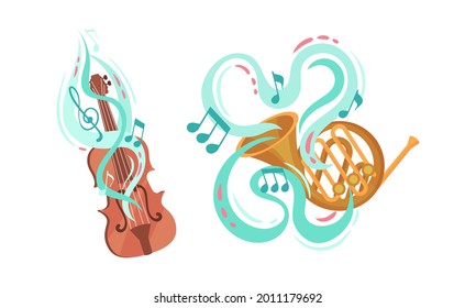 Musical Instruments with Violin and Horn Twisted with Decorative Swirling Line and Note Vector Set