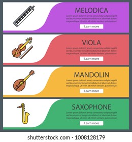 Musical instruments web banner templates set. Melodica, viola, mandolin, saxophone. Website color menu items. Vector headers design concepts
