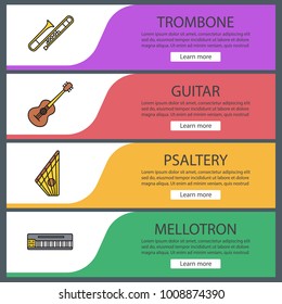 Musical instruments web banner templates set. Website color menu items. Vector headers design concepts