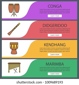 Musical instruments web banner templates set. Conga, didgeridoo, kendhang, marimba. Website color menu items. Vector headers design concepts