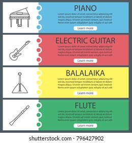Musical instruments web banner templates set. Piano, electric guitar, balalaika, flute. Website color menu items with linear icons. Vector headers design concepts