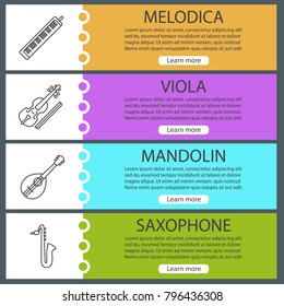 Musical instruments web banner templates set. Melodica, viola, mandolin, saxophone. Website color menu items with linear icons. Vector headers design concepts