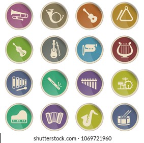 musical instruments web icons in the form of round paper labels