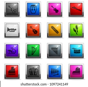 musical instruments web icons in square colored buttons for user interface design
