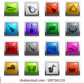 musical instruments web icons in square colored buttons for user interface design