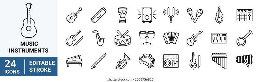 Musical instruments web line icons. Piano, guitar, saxophone. Editable stroke. Vector illustration