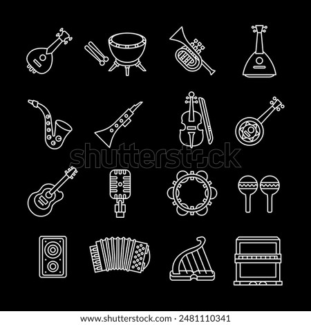 Musical instruments, white line icons. Various instruments for making music. entertainment and cultural themes. Symbols on black background. Editable stroke.