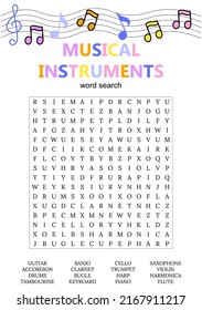 Musical instruments  word search puzzle Educational game. crossword,  worksheet for learning English words.