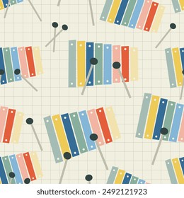 Musical instruments xylophone vector seamless pattern wallpaper backdrop background textile print unique simple minimalist illustration decorative nursery children texture
