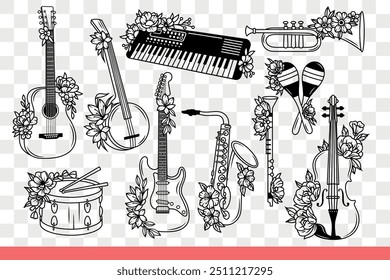 Musical instruments for youth group or orchestra accompanying singer. Guitar and synthesizer or violin and drum near wind musical instruments for performing symphonic compositions. Hand drawn.