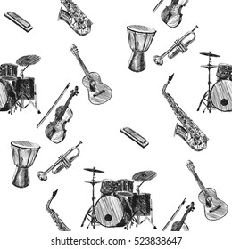 Musical instruments.pattern. Sketch hand drawn vector illustration. Engraving retro vintage style.