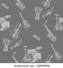 Musical instruments.pattern. Sketch hand drawn vector illustration. Engraving retro vintage style.