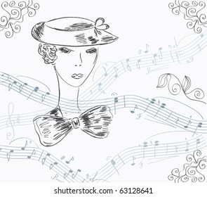 Musical invitation card with lady and notes