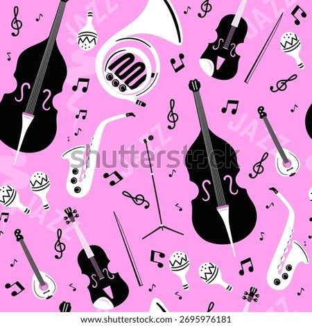 Musical jazz band instruments seamless pattern. Music performance. Trombone and saxophone. Orchestra concert. Repeated print. Symphony melody. Trumpet and guitar. Audio microphone. Vector background