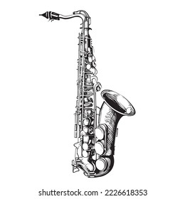 Musical Jazz Saxophone Sketch Hand gezeichnet Gravure Stil Vektorgrafik Illustration.