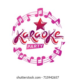 Musical karaoke performance flyer poster composed using circular decorative musical sheet with notes, karaoke party inscription. Musical festival concept.